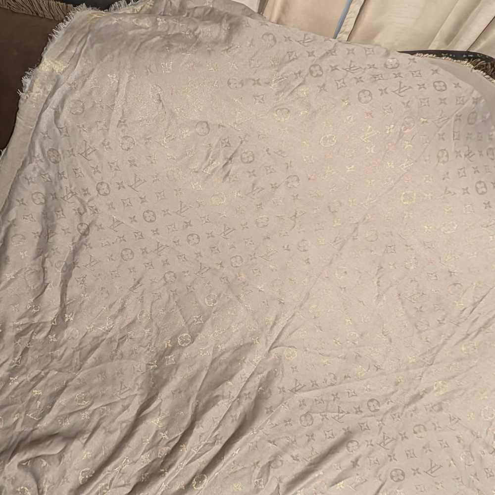 Louis Vuitton Iridescent Cream, Pink, and Gold Silk Monogram Shawl